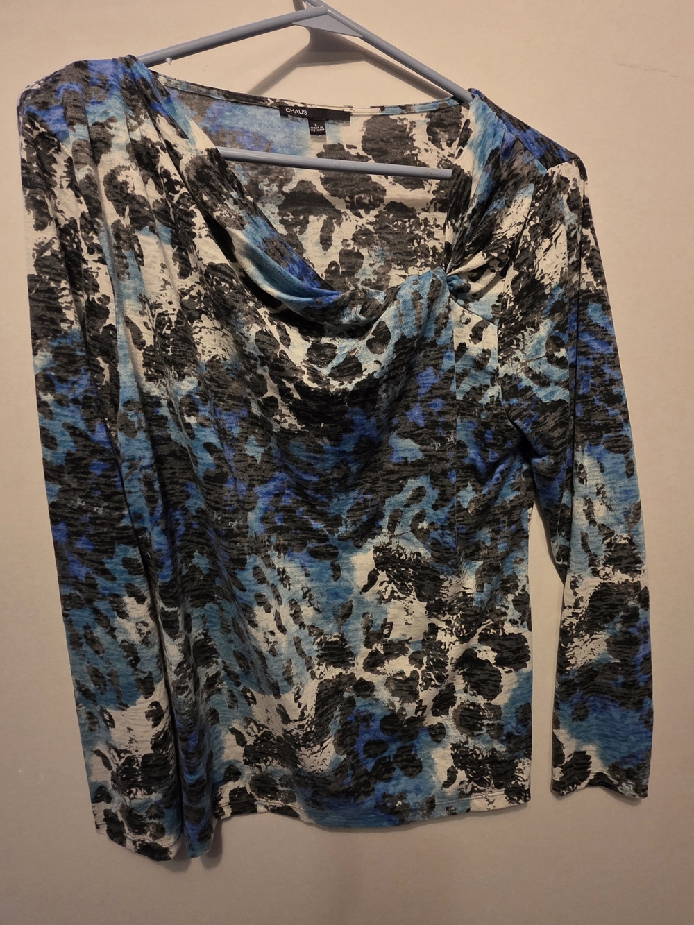 Chaus Blue Black White Printed Drape Neck Long Sleeve Top